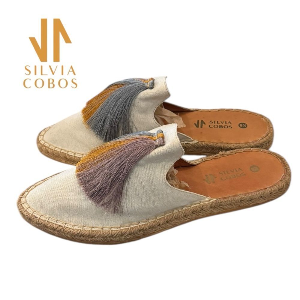 New Silvia Cobos Sunrise Women's Off White Espadrille Tassel Mules 8.5